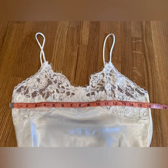 90s Vintage White Satin Slip w Sheer Lace Cups M - Picture 5 of 9